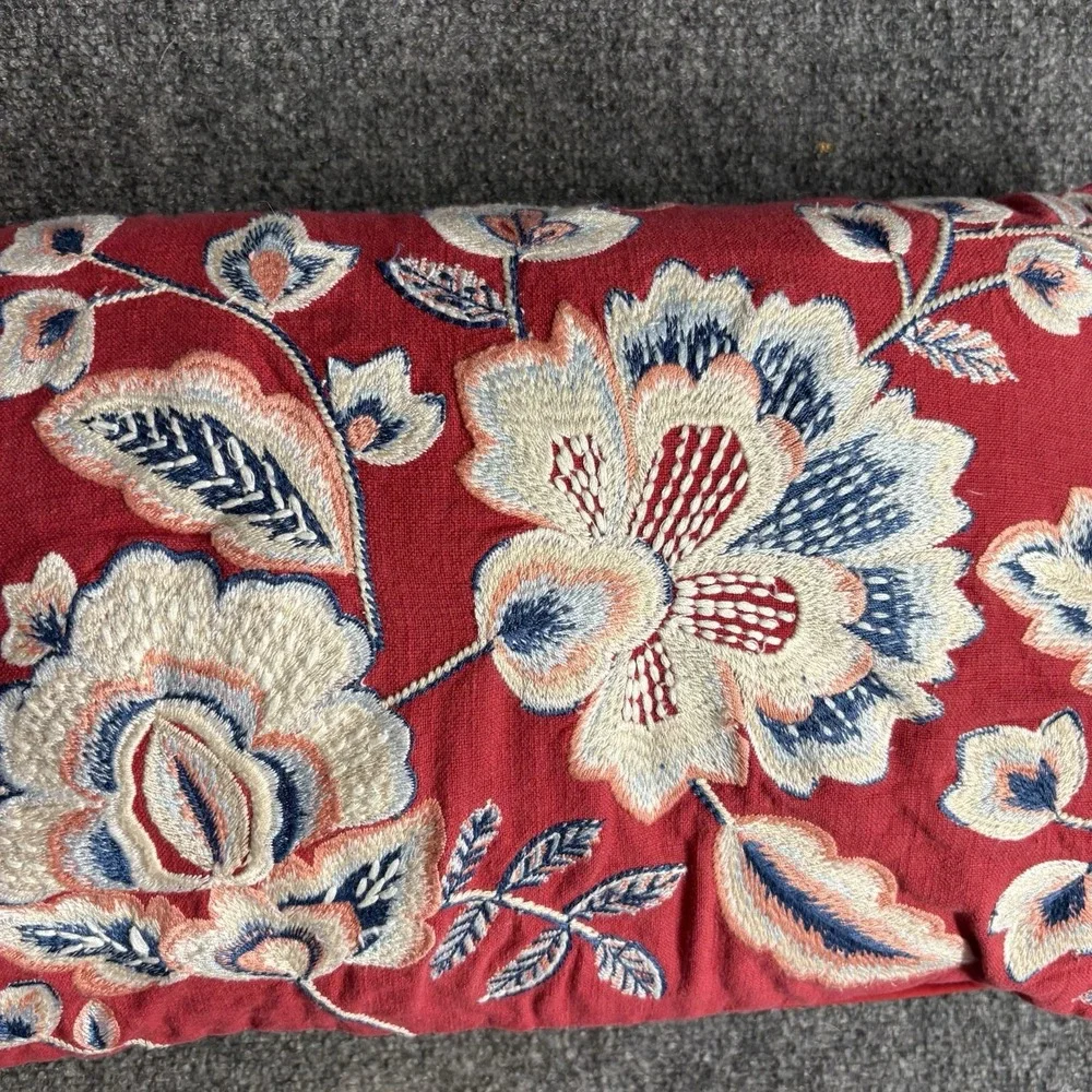 Pier 1 Embroidered Floral Lumbar Throw Pillow Botanical Red 18 x 12